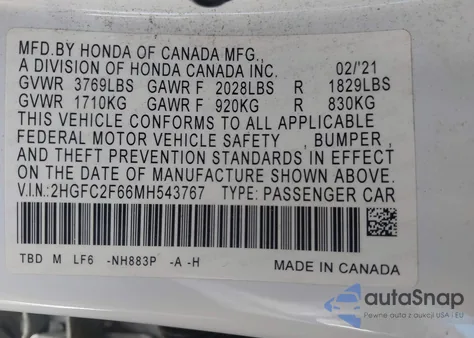 2021 Honda Civic Lx from USA, damaged, VIN 2HGFC2F66MH543767